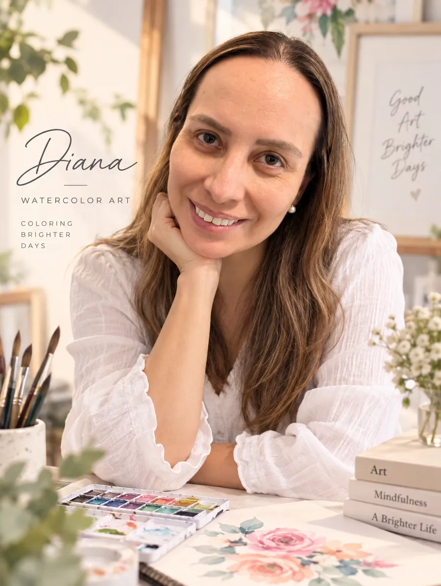 Diana, watercolor artist, in her studio